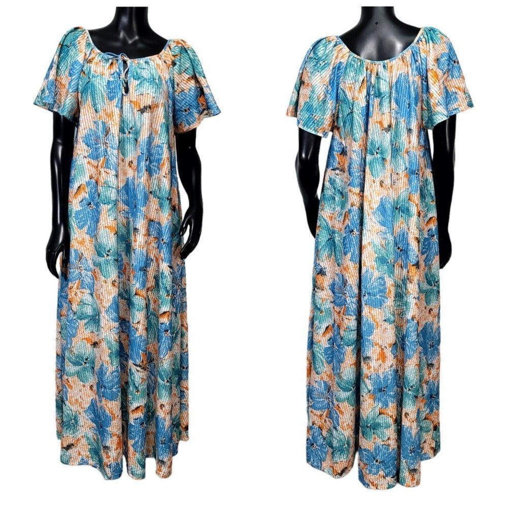 Sterling Sophisticates Vintage 70s Floral Maxi Dress Blue Orange Semi Sheer M